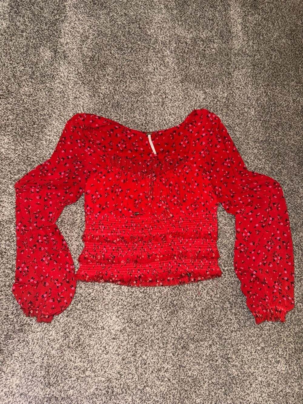 Free People Lolita Red Floral Long Sleeve Smocked Blouse